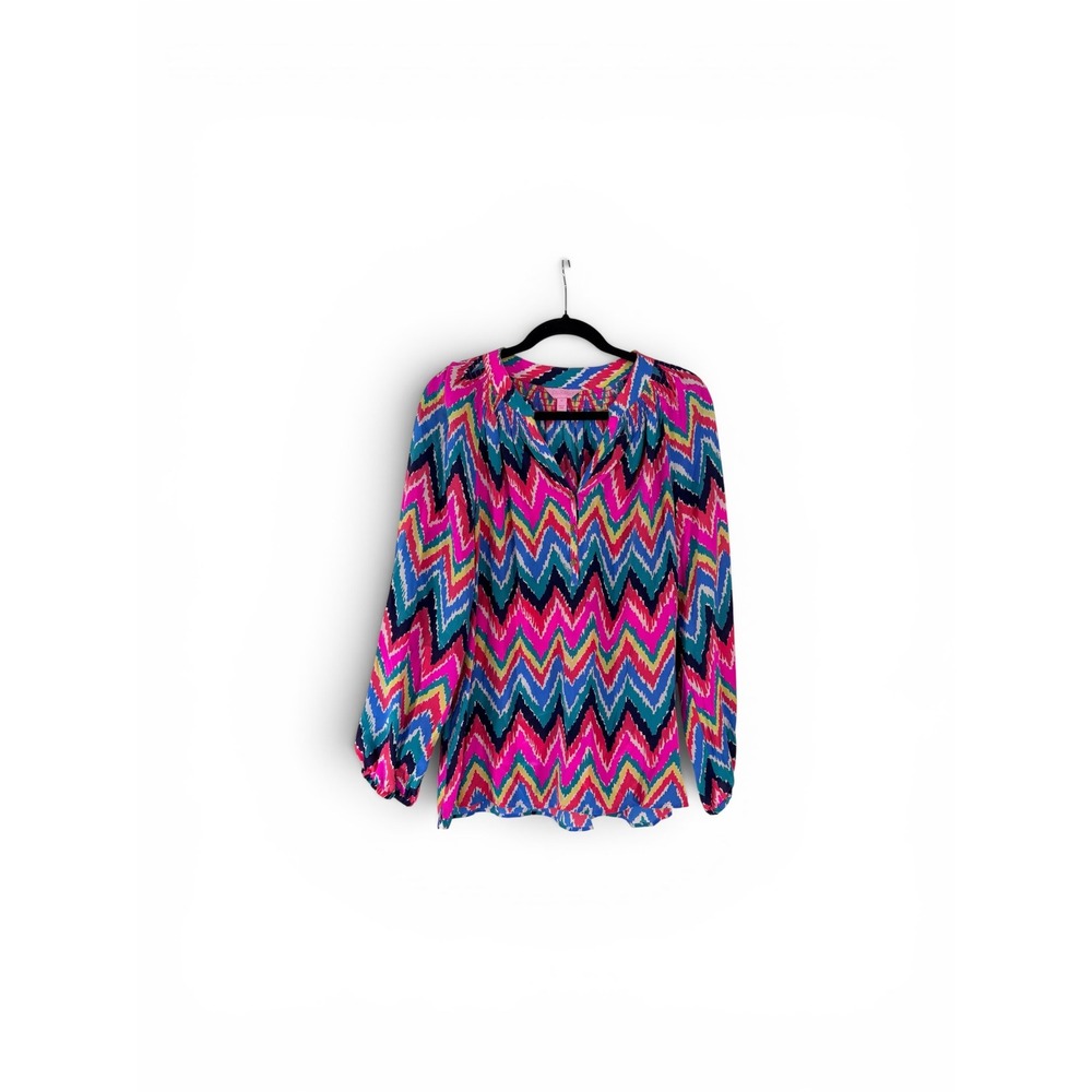 Lilly Pulitzer Elsa Silk Blouse Multicolor Chevron Ikat Print Pink Blue Size M